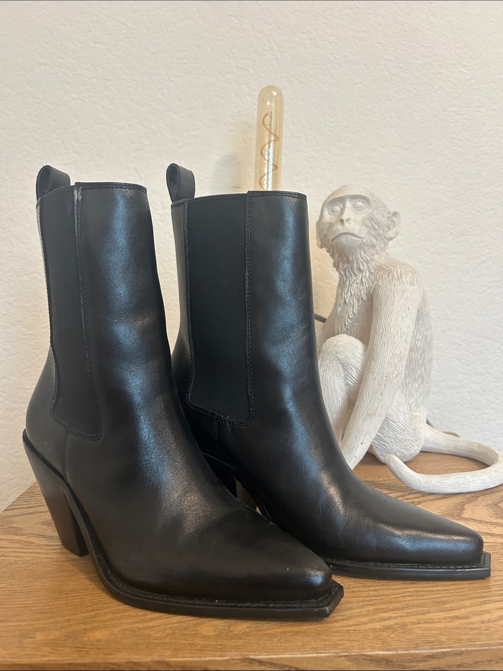 Zara Black Leather Pointed Ankle Boots